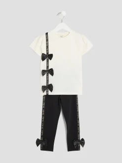 River Island Cream Girls Branded Bow T-Shirt Set