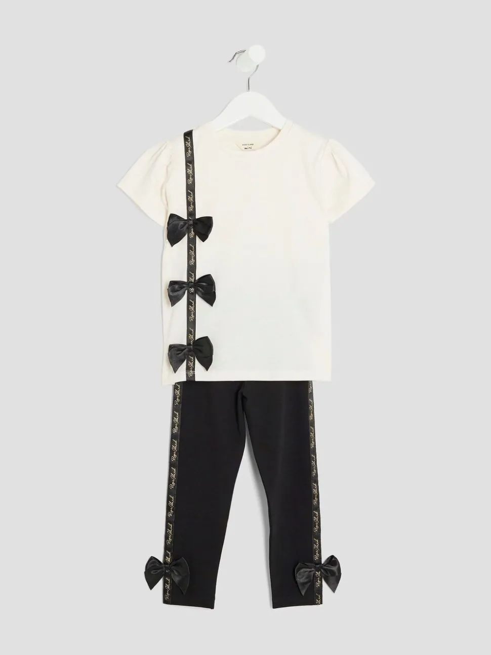 River Island Cream Girls Branded Bow T-Shirt Set