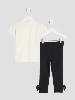 River Island Cream Girls Branded Bow T-Shirt Set