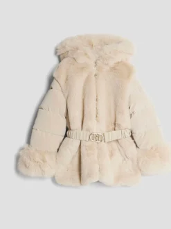 River Island Cream Girls Fur Belted Padded Coat