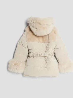 River Island Cream Girls Fur Belted Padded Coat