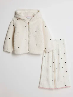 River Island Cream Heart Cosy Crop Top, Hoodie & Trousers Set