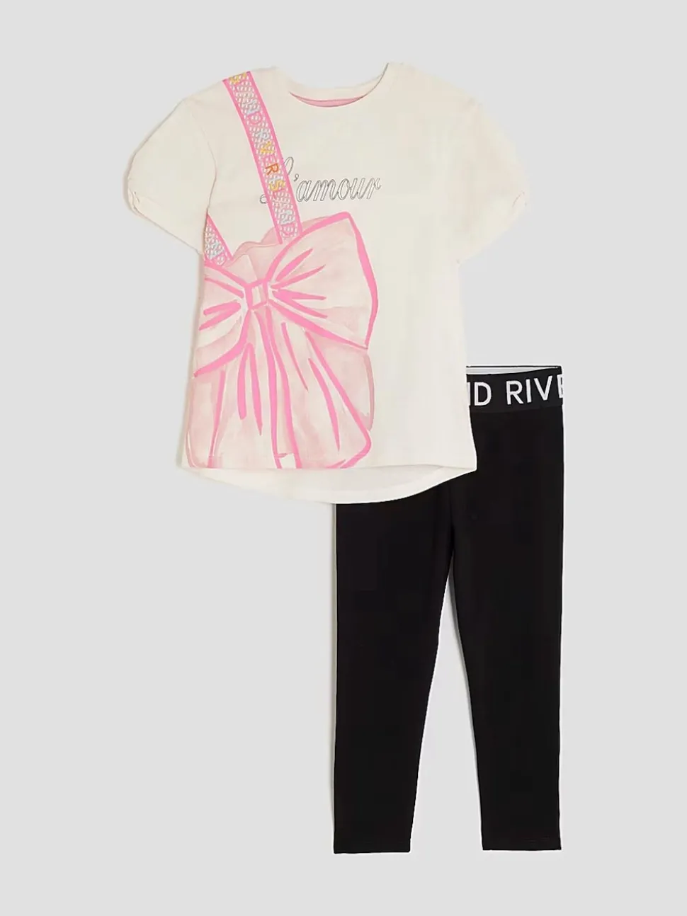 River Island Cream Lamour Bow Bag T-Shirt & Leggings Set