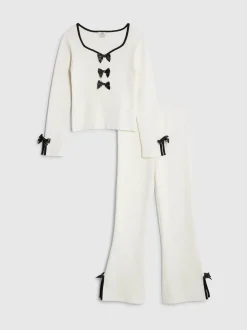 River Island Cream Long Sleeve Bow Top & Joggers Set