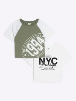 River Island Green Crop 100% Cotton T-Shirts 2 Pack