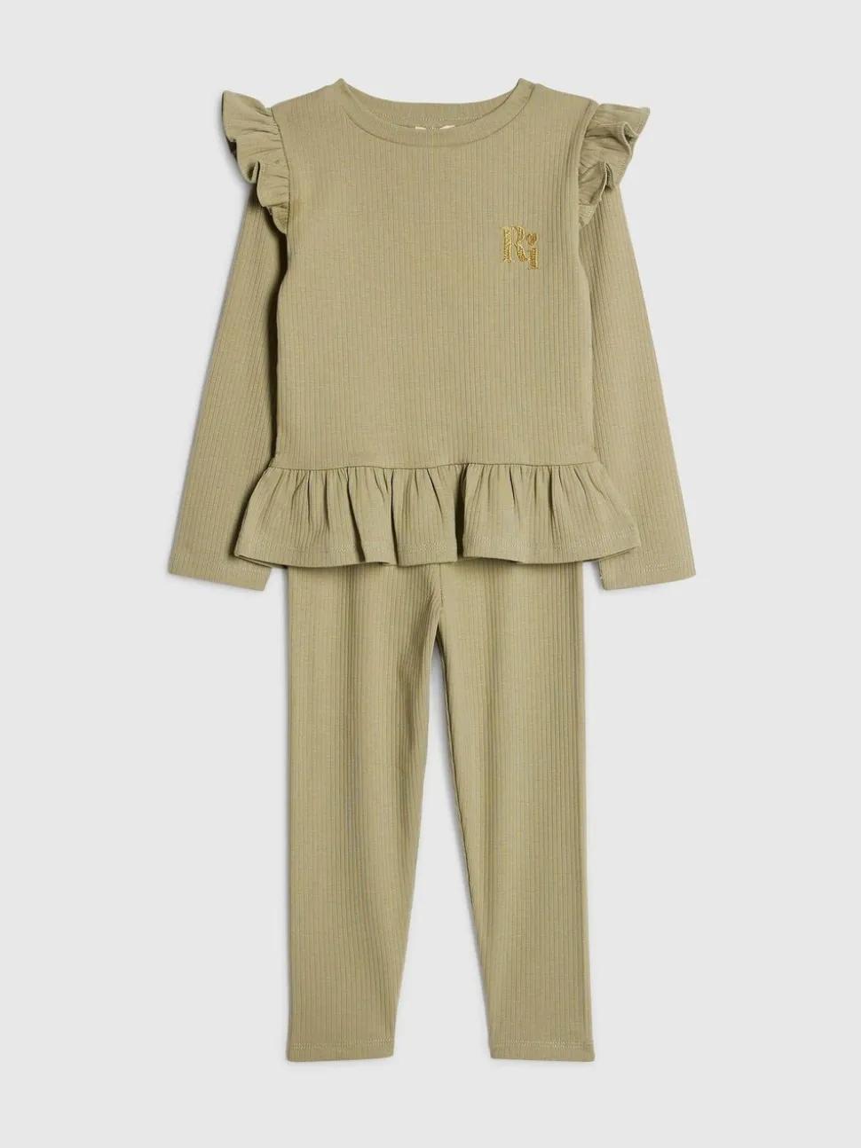 River Island Green Frill Rib Top & Waistband Leggings Set