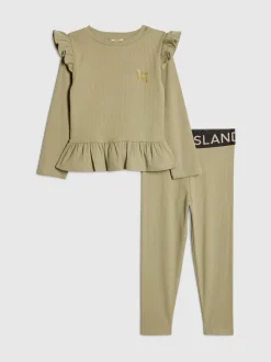 River Island Green Frill Rib Top & Waistband Leggings Set