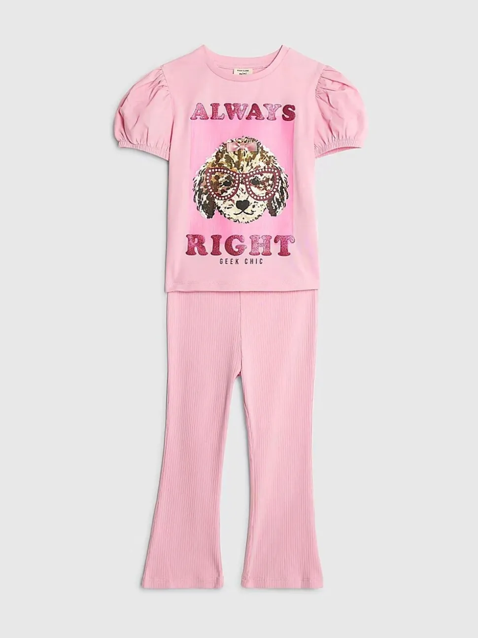 River Island Pink Always Right Dog T-Shirt & Rainbow Waistband Kickflare Leggings Set