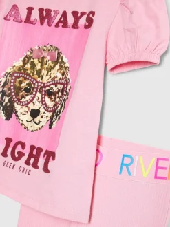 River Island Pink Always Right Dog T-Shirt & Rainbow Waistband Kickflare Leggings Set