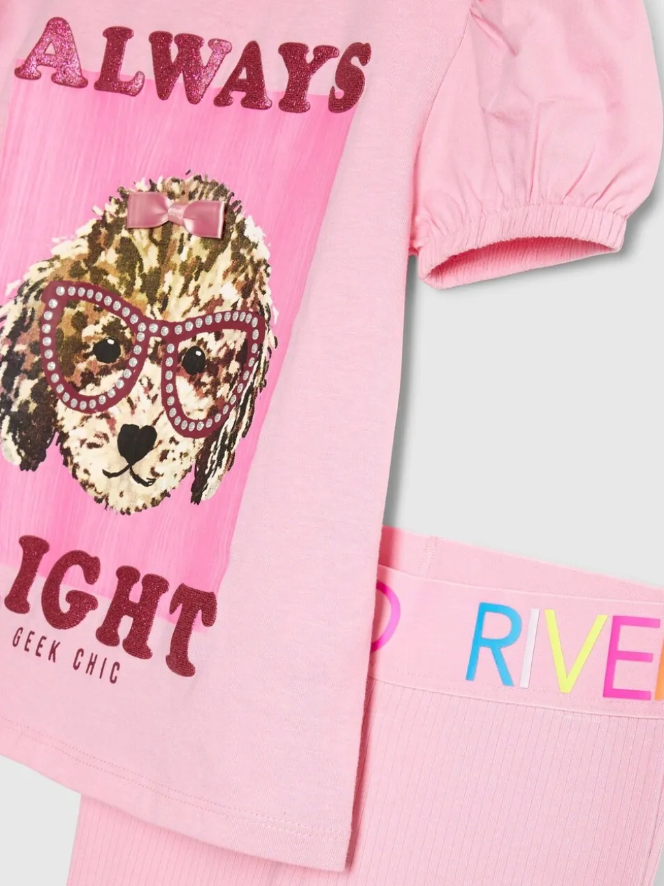 River Island Pink Always Right Dog T-Shirt & Rainbow Waistband Kickflare Leggings Set