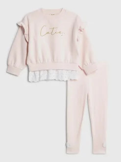 River Island Pink Broderie Frill Sweatshirt & Leggings Set
