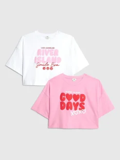 River Island Pink Bubble Font 2 Pack Cropped T-Shirts