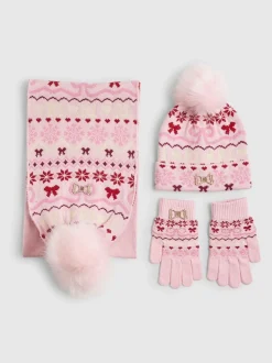 River Island Pink Fairisle Beanie Gloves & Scarf Bundle Set
