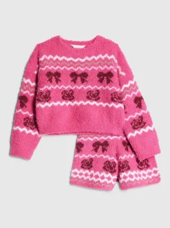 River Island Pink Fairisle Bow Cosy Cardigan & Shorts Set
