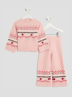 River Island Pink Fairisle Jumper & Trousers Set