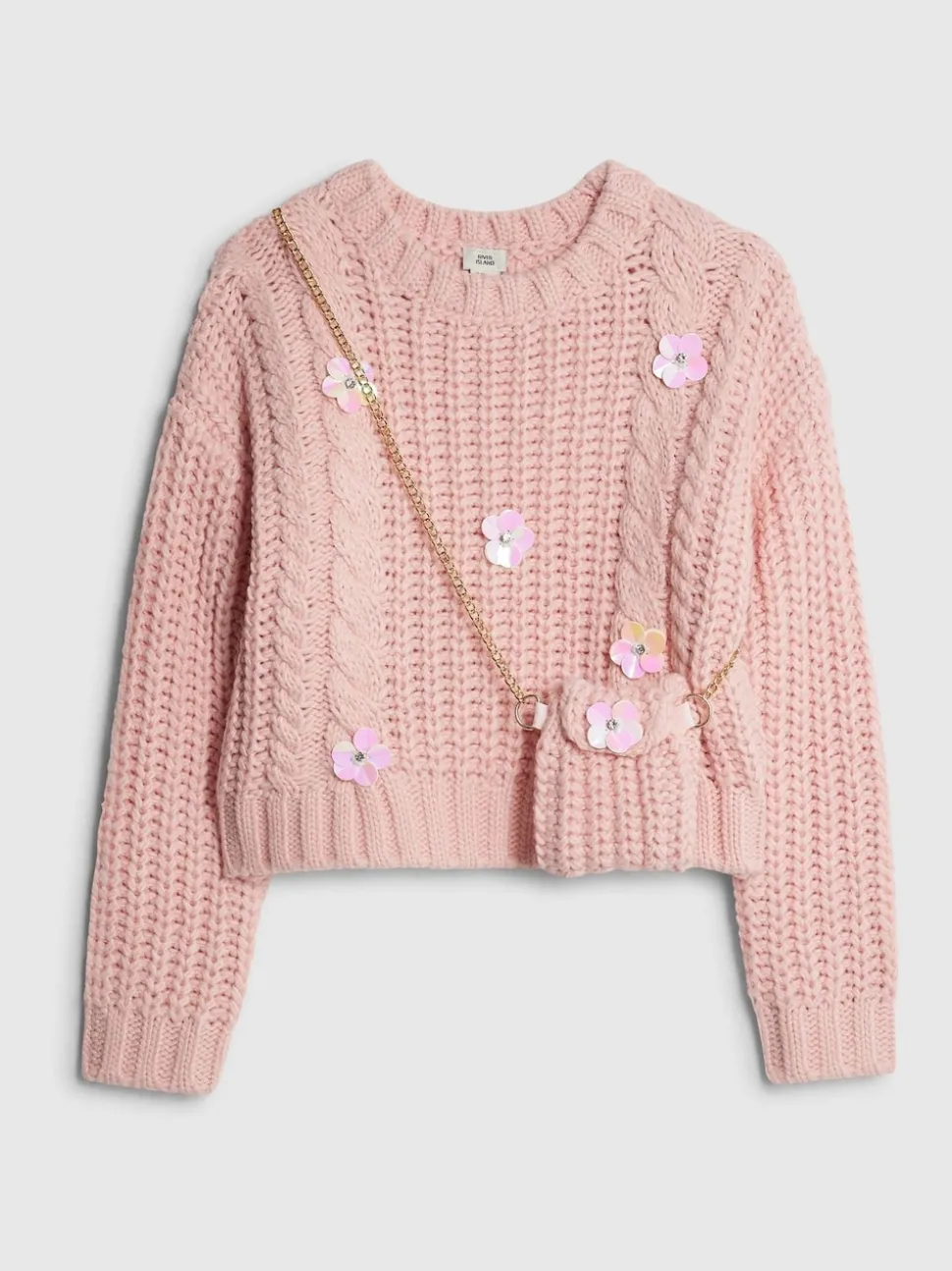 River Island Pink Flower Embroidered Cable Jumper