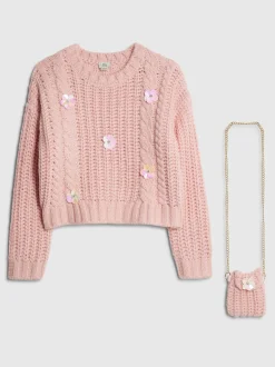 River Island Pink Flower Embroidered Cable Jumper