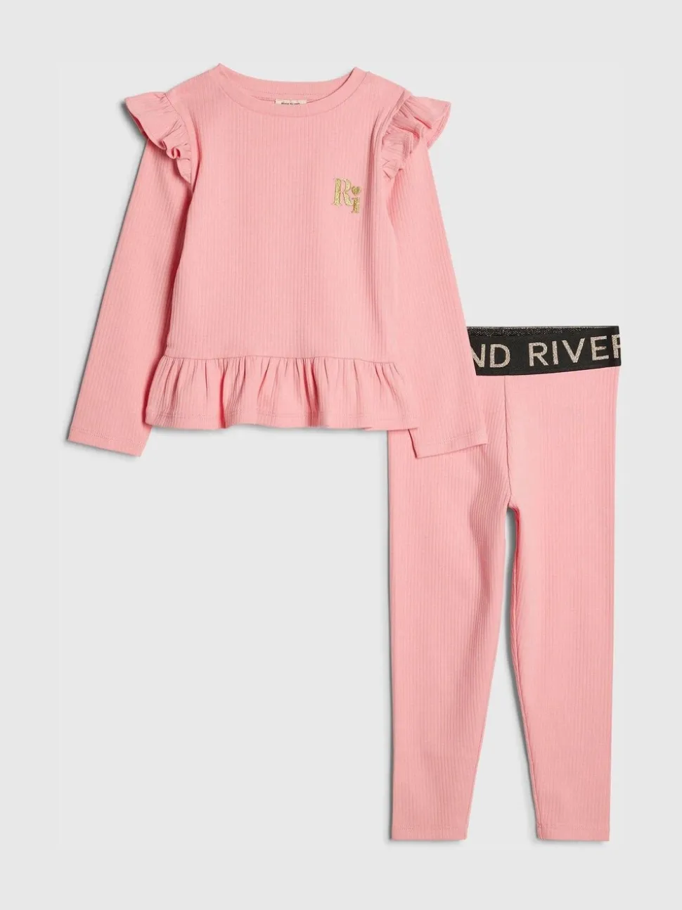 River Island Pink Frill Rib Top & Waistband Leggings Set