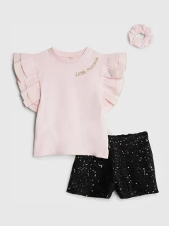 River Island Pink Frill Sleeve Top & Sequin Shorts Set