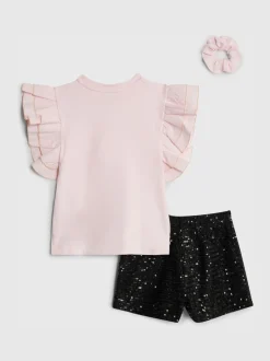 River Island Pink Frill Sleeve Top & Sequin Shorts Set