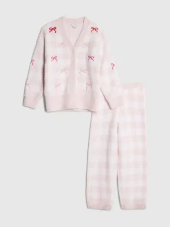 River Island Pink Gingham Bow Cosy Cardigan & Trousers Set