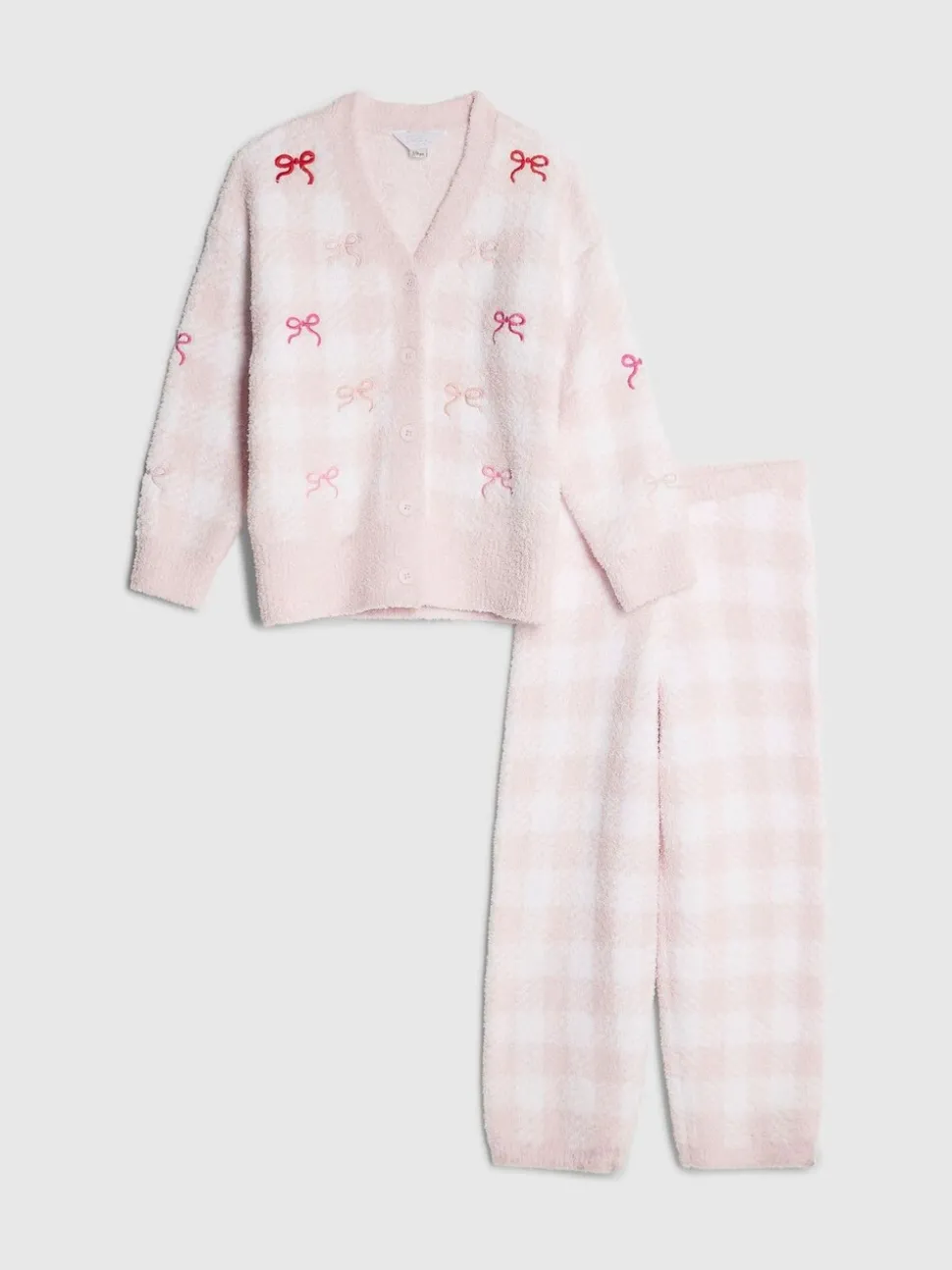 River Island Pink Gingham Bow Cosy Cardigan & Trousers Set