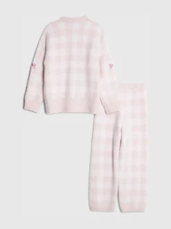 River Island Pink Gingham Bow Cosy Cardigan & Trousers Set