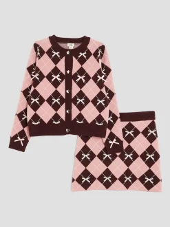 River Island Pink Girls Argyle Cardigan and Skirt Set