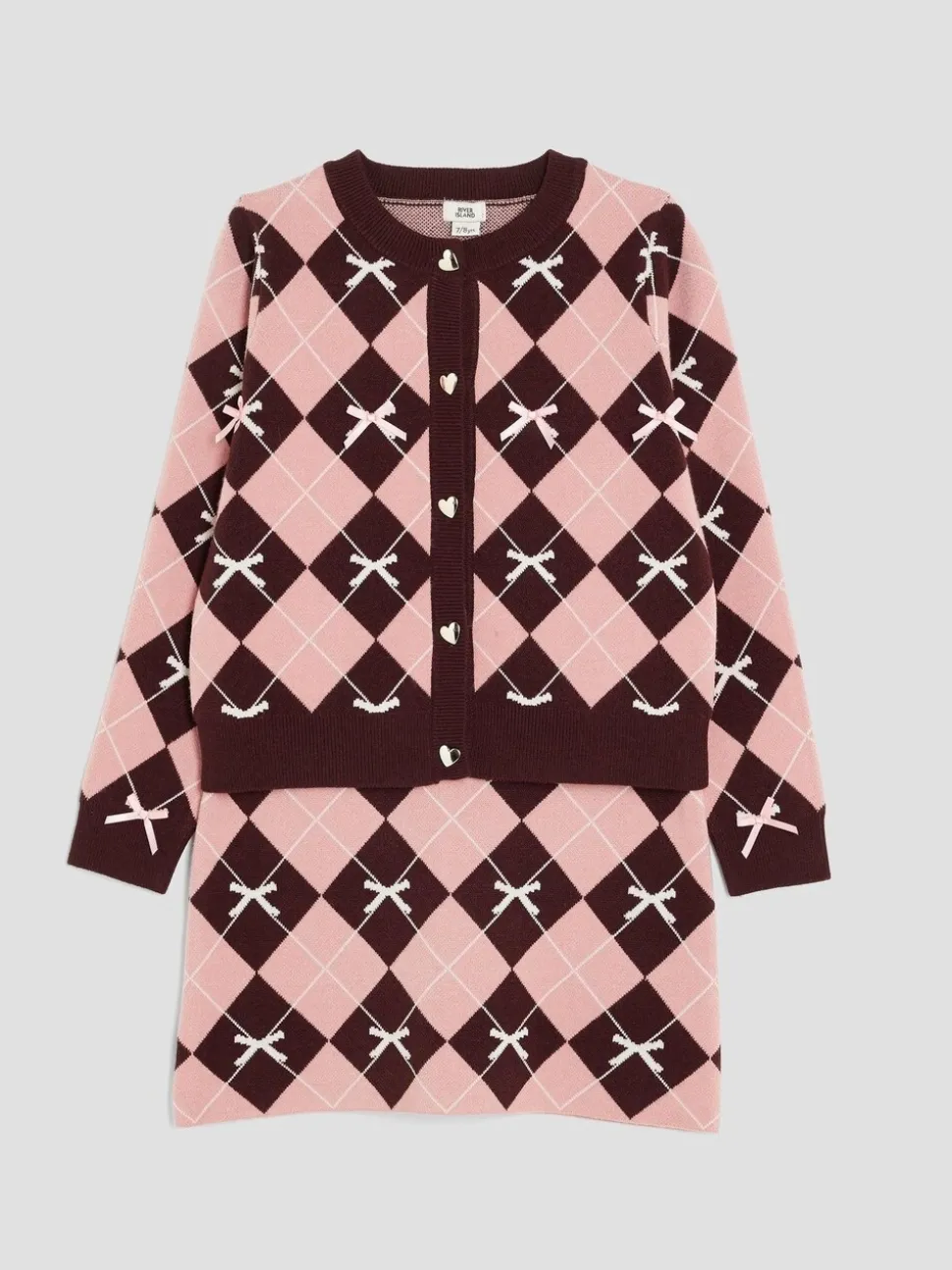 River Island Pink Girls Argyle Cardigan and Skirt Set