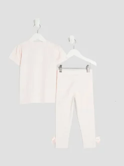 River Island Pink Girls Branded Bow T-Shirt Set