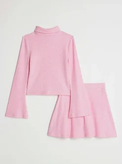 River Island Pink Girls Cosy Long Sleeve Top and Skort Set