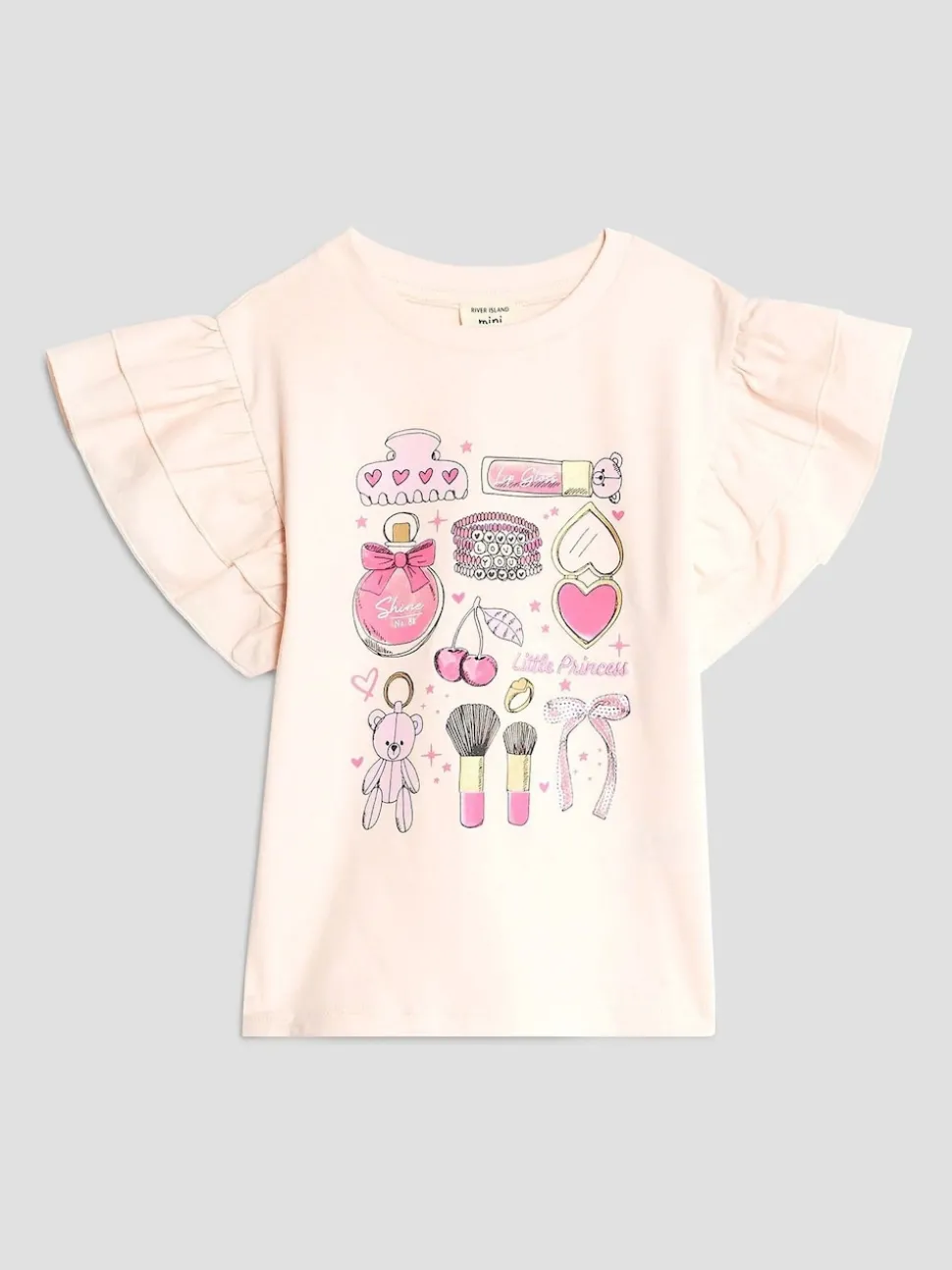 River Island Pink Girls Frill Sleeve Box Graphic Print T-Shirt