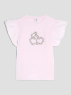 River Island Pink Girls Frill Sleeve Embellished 100% Cotton T-Shirt