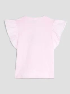 River Island Pink Girls Frill Sleeve Embellished 100% Cotton T-Shirt