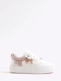 River Island Pink Girls Fur Tongue Bow Charm Trainers