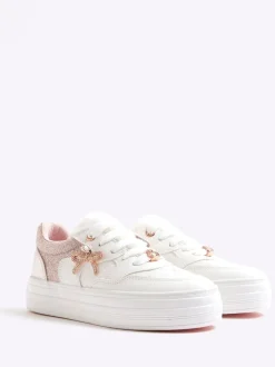 River Island Pink Girls Fur Tongue Bow Charm Trainers