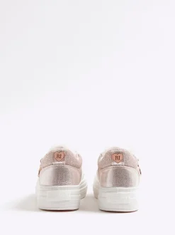 River Island Pink Girls Fur Tongue Bow Charm Trainers