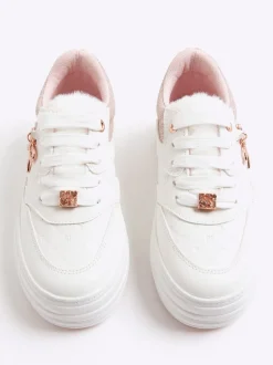 River Island Pink Girls Fur Tongue Bow Charm Trainers