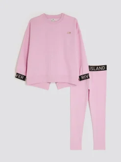 River Island Pink Girls Split Back Top and Leggings Set