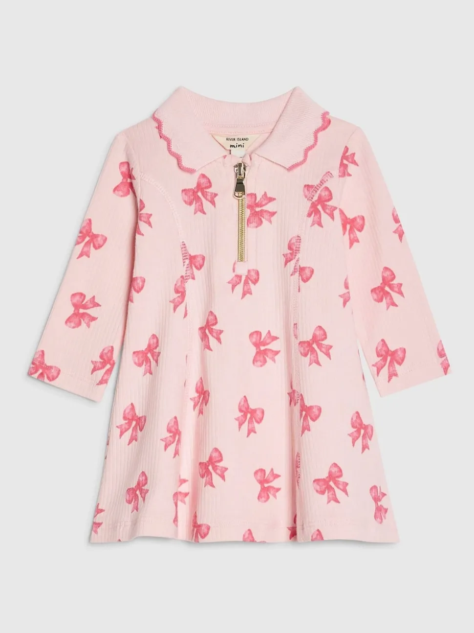 River Island Pink Long Sleeve Bow Collar Rib Dress