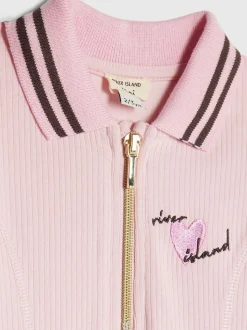 River Island Pink Long Sleeve Rib Polo Dress