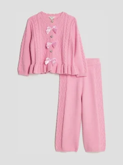 River Island Pink Long Sleeve Bow Peplum Cardigan & Trouser Set