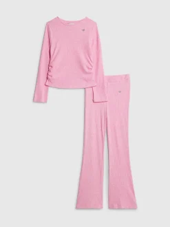 River Island Pink Long Sleeve Ruched Cosy Crop Top & Kickflare Set