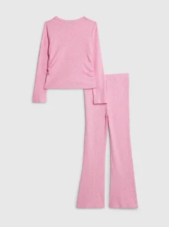 River Island Pink Long Sleeve Ruched Cosy Crop Top & Kickflare Set