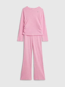 River Island Pink Long Sleeve Ruched Cosy Crop Top & Kickflare Set
