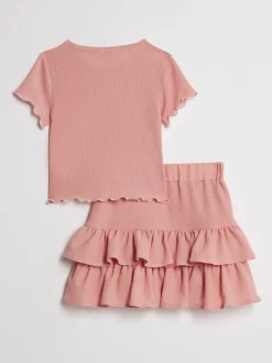 River Island Pink Textured Baby T-Shirt & Rara Skirt Set