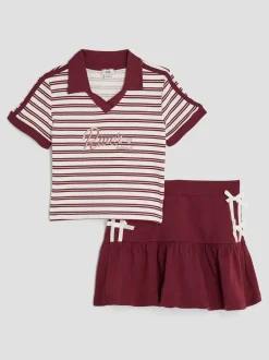 River Island Red Girls Bow Polo Shirt and Skirt Set
