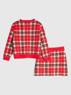 River Island Red Tartan Sequin Cardigan & Skirt Set