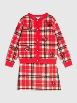River Island Red Tartan Sequin Cardigan & Skirt Set