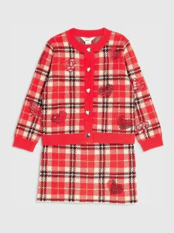 River Island Red Tartan Sequin Cardigan & Skirt Set